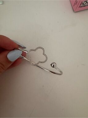 Silver Open Bangle Bracelet with Pavé Clover Accent